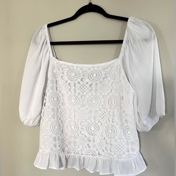 ✨NWT✨ Reitmans Short-Puffy-Sleeve Crochet Blouse with Square Neckline Size M - Picture 4 of 13